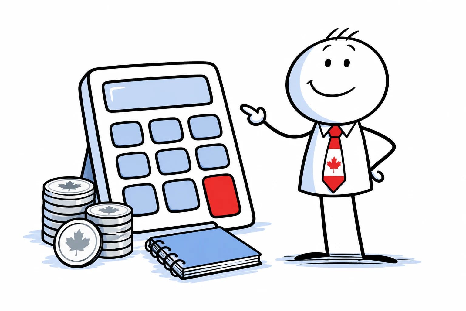 Our Canadian finance mascot with a calculator and Canadian coins.